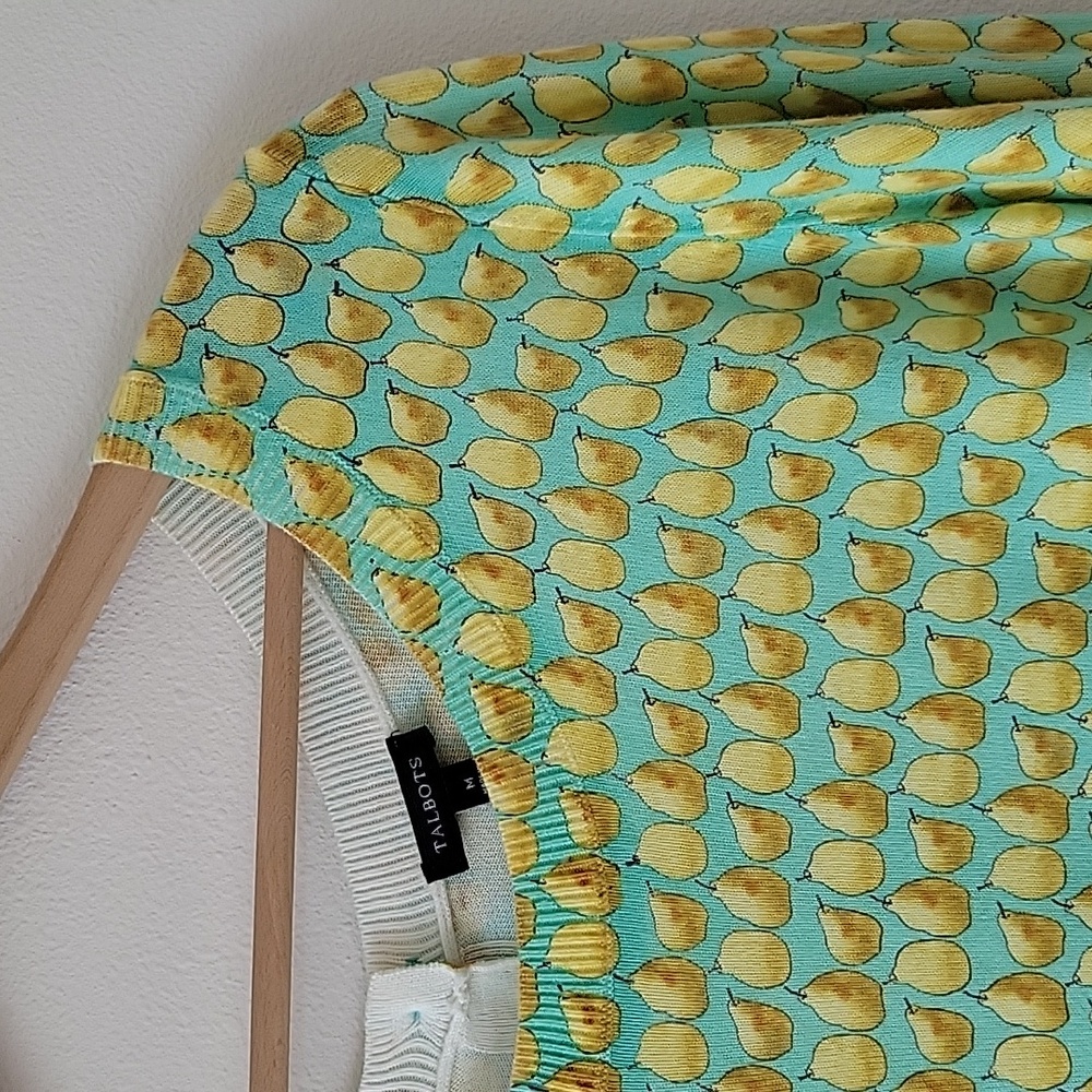 Talbots Green Yellow Pear Pattern Button Back Swe… - image 2